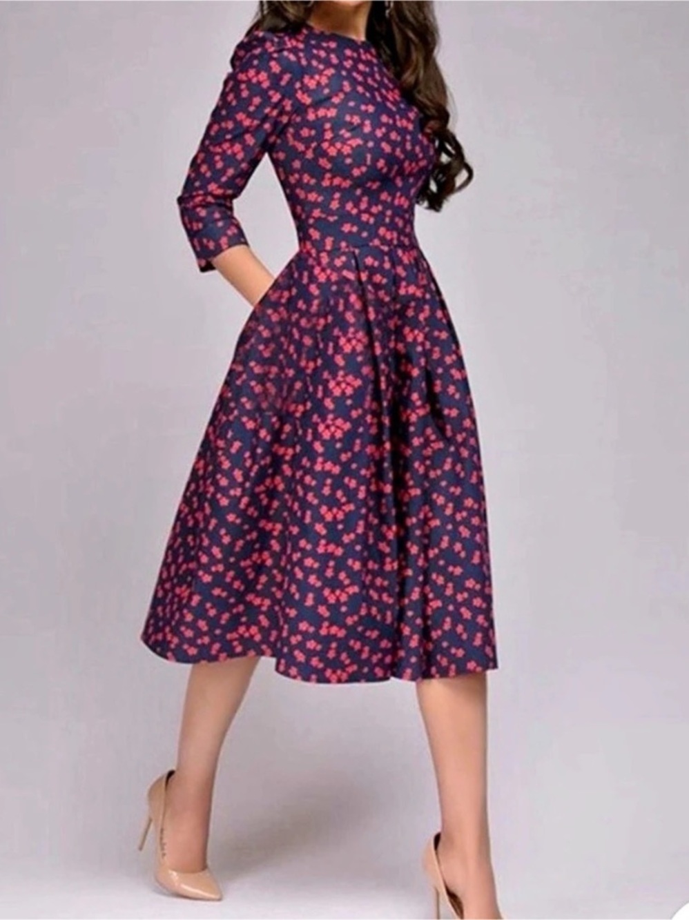 Floral Midi Dress in Blue & Pink Like New